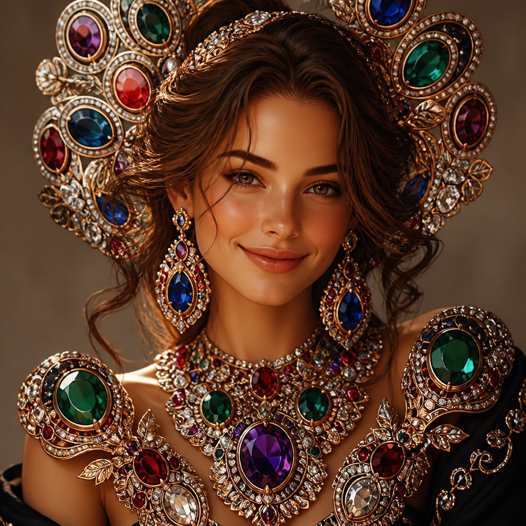 head-and-shoulders portrait of an original character: a young woman with wavy chestnut hair and a warm smile, plain soft backdrop