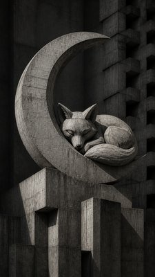 a sleeping baby fox curled on a crescent moon among soft stars, gentle and warm, no text