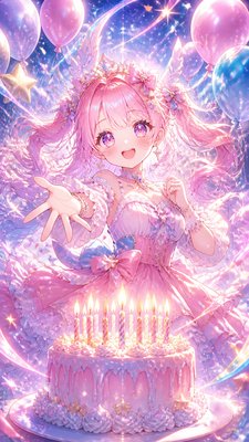 a birthday cake with lit candles surrounded by balloons and confetti, festive vertical composition, no text