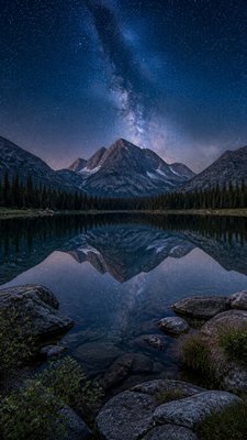 a tranquil mountain lake beneath a starry night sky, no people, no text