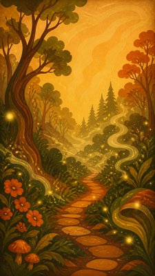 a mysterious forest path with fireflies and drifting mist, atmospheric vertical composition with open space at the top, no text