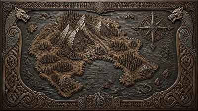 a map of an island realm with mountains, forests, a sheltered bay, sea monsters in the water and a compass rose, no text labels
