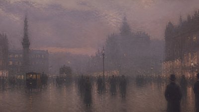 bustling city street panorama at dusk