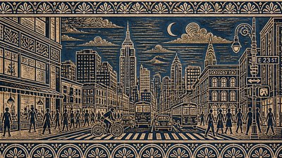 bustling city street panorama at dusk
