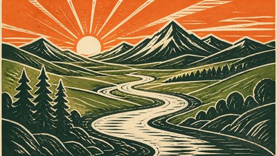 a vast valley with a river winding toward distant mountains at sunrise, no people, no text