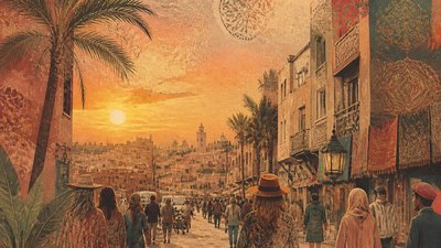bustling city street panorama at dusk