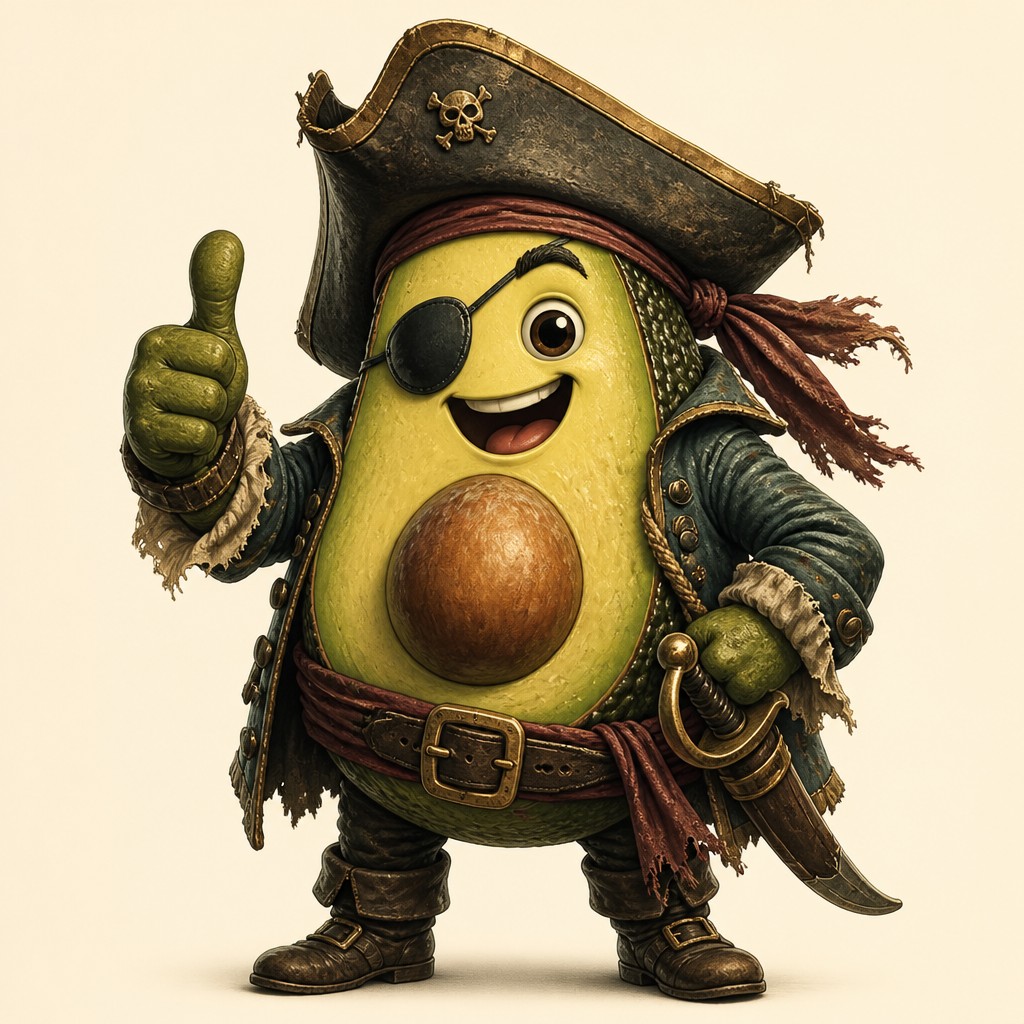 a happy avocado character giving a thumbs up, bold readable design on a plain background, no text