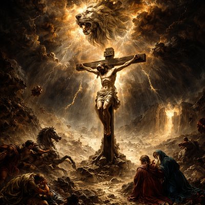 Epic Biblical Baroque Painting Style, High-Contrast Tenebrism Lighting, Supernatural Realism. A monumental, earth-shattering scene at Golgotha at the precise moment of death.

The Central Figure: Jesus hangs lifelessly on a rough wooden cross, head bowed in finality, his body pale and scarred. A subtle, fading divine light emanates from him. The titulus above his head reads "INRI."

The Manifestation of the Roar (Jasher 54 influence): At the very instant of his death, the environment is violently convulsing, visualizing the "roar" of Judah echoing through time. Behind and above the cross, the dark, stormy clouds are being ripped apart by a massive, translucent ethereal manifestation of a roaring Lion's head formed from dust, lightning, and golden spiritual energy.

The Environmental Impact: The ground beneath the cross is cracking open with deep fissures. Massive boulders are shattering into dust mid-air. The temple veil in the distant city background is visibly tearing top-to-bottom.

The Human Reaction: Below the cross, the scene is one of absolute supernatural terror (as described in Jasher). Roman centurions are cowering on the ground, covering their ears, their helmets knocked off. Horses are rearing wildly, throwing their riders. The few followers present (Mary, John) are driven to their knees, not just in grief, but overwhelmed by the physical force of the cosmic event. The lighting is a chaotic mix of deep eclipse shadow and blinding bursts of supernatural golden-red light from the roaring manifestation.