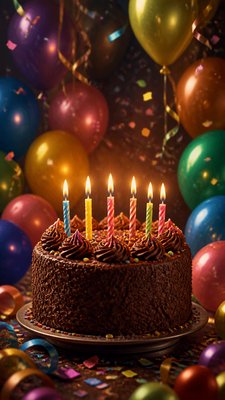 a birthday cake with lit candles surrounded by balloons and confetti, festive vertical composition, no text
