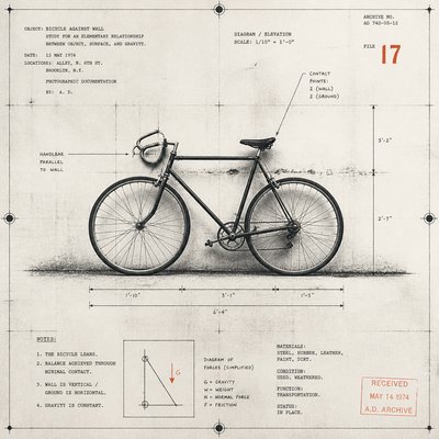 bicyle resting against a wall