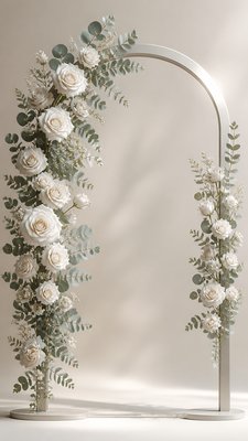 an arch of white roses and eucalyptus in soft morning light, elegant vertical composition with open space, no text