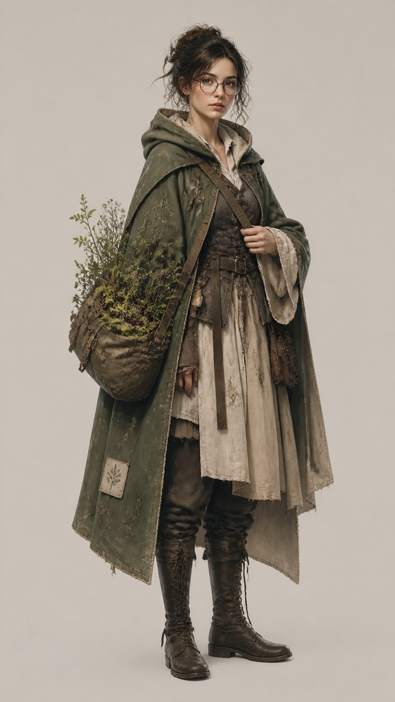 full-body original character: a wandering botanist with a satchel of plants, a patched green cloak, tall boots and round glasses, neutral background