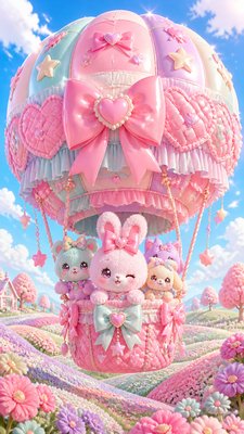 a hot air balloon drifting over rolling flower fields on a sunny day, cheerful, no text