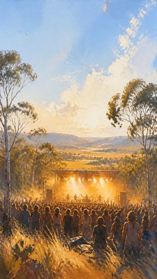 a live music scene with a glowing stage and silhouetted crowd, energetic vertical composition with open space at the top, no text