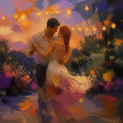 an original couple dancing under string lights in a garden at dusk: a man with short black hair in a linen shirt and a woman with braided red hair in a summer dress