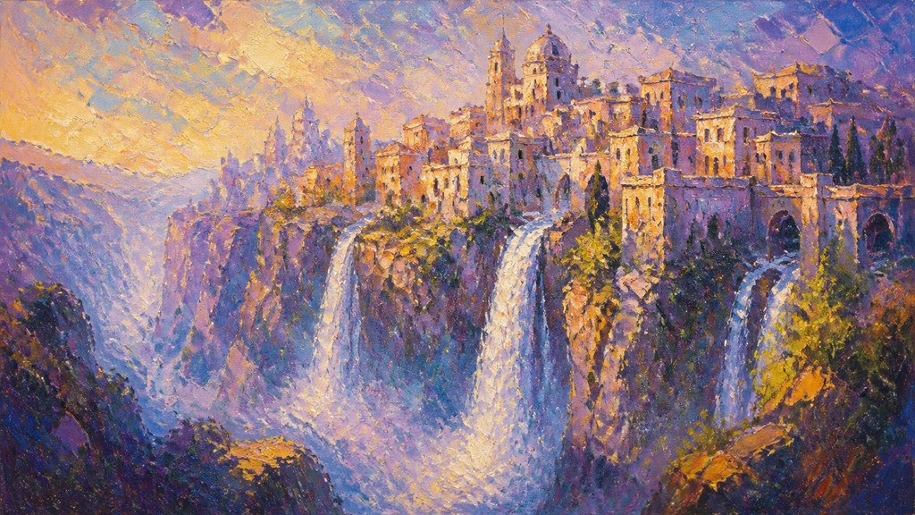 a cliffside city with waterfalls cascading into a misty canyon, wide establishing shot, no people, no text