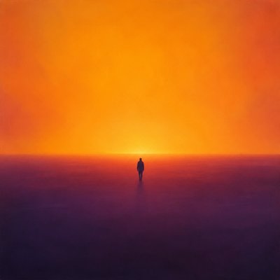 a solitary figure walking toward a glowing horizon across an empty plain, moody atmosphere, no text or lettering