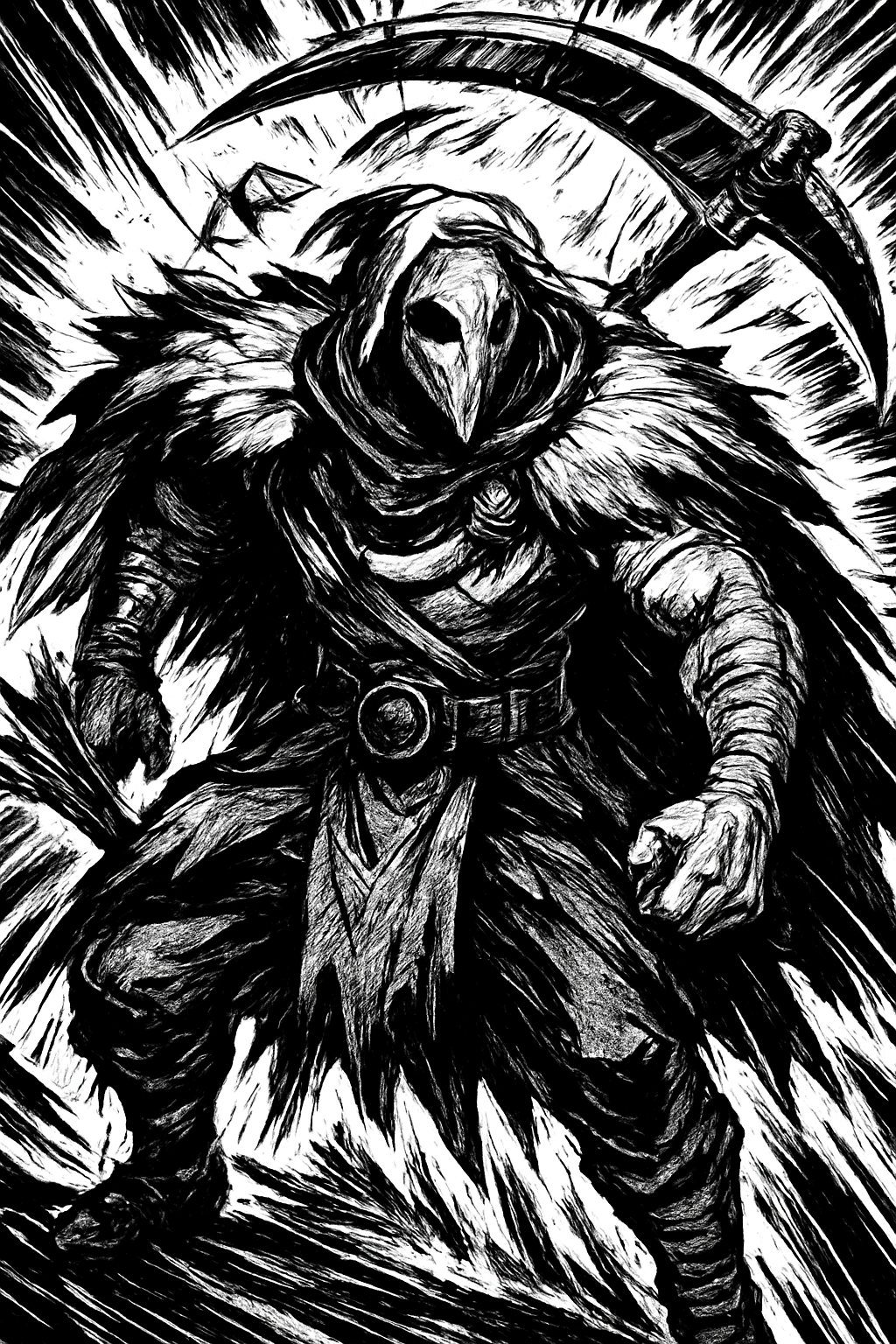 a black and white drawing of a man with a sword