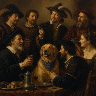 portrait of a golden retriever wearing a blue bandana, warm plain backdrop, no text