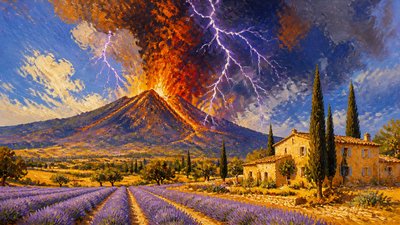 an erupting volcano with lightning strikes, dramatic wide composition, no text