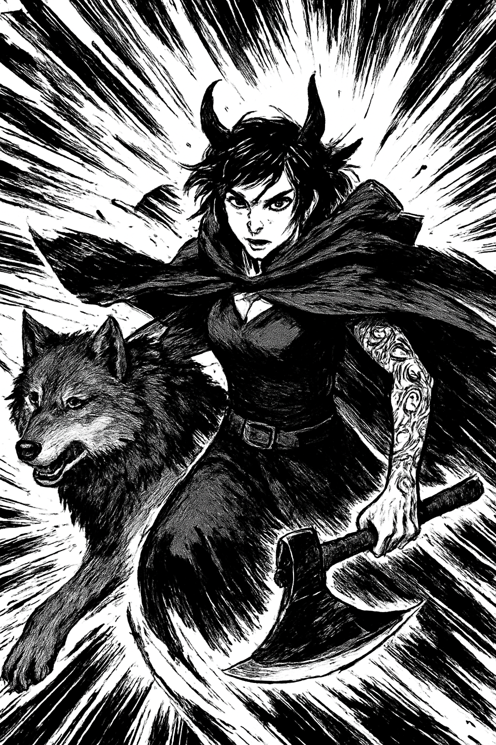 a painting of a woman and a wolf
