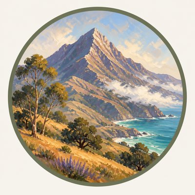 an emblem of a mountain peak inside a circle, simple bold shapes on a plain background, no text or lettering