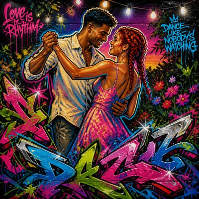 an original couple dancing under string lights in a garden at dusk: a man with short black hair in a linen shirt and a woman with braided red hair in a summer dress