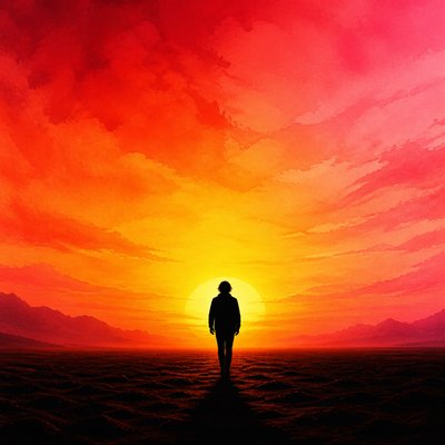 a solitary figure walking toward a glowing horizon across an empty plain, moody atmosphere, no text or lettering