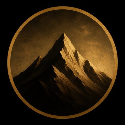 an emblem of a mountain peak inside a circle, simple bold shapes on a plain background, no text or lettering