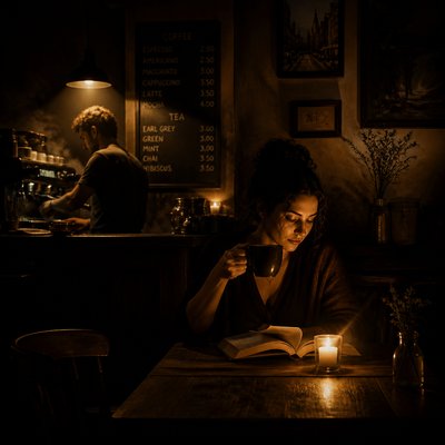 cozy cafe interior with warm lighting