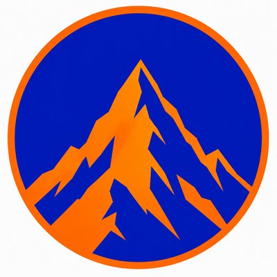 an emblem of a mountain peak inside a circle, simple bold shapes on a plain background, no text or lettering