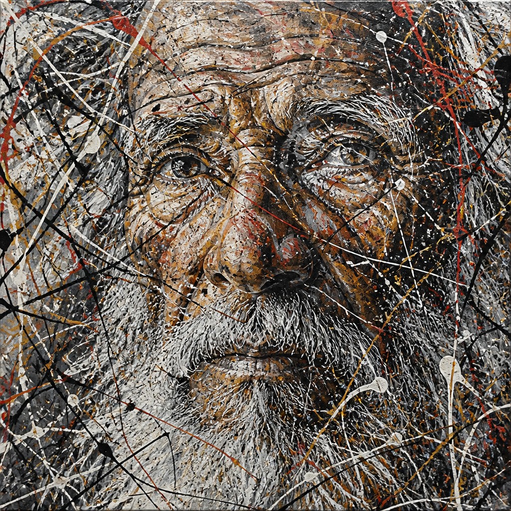 close-up portrait of an elderly person with expressive weathered features — Action Painting Art Style