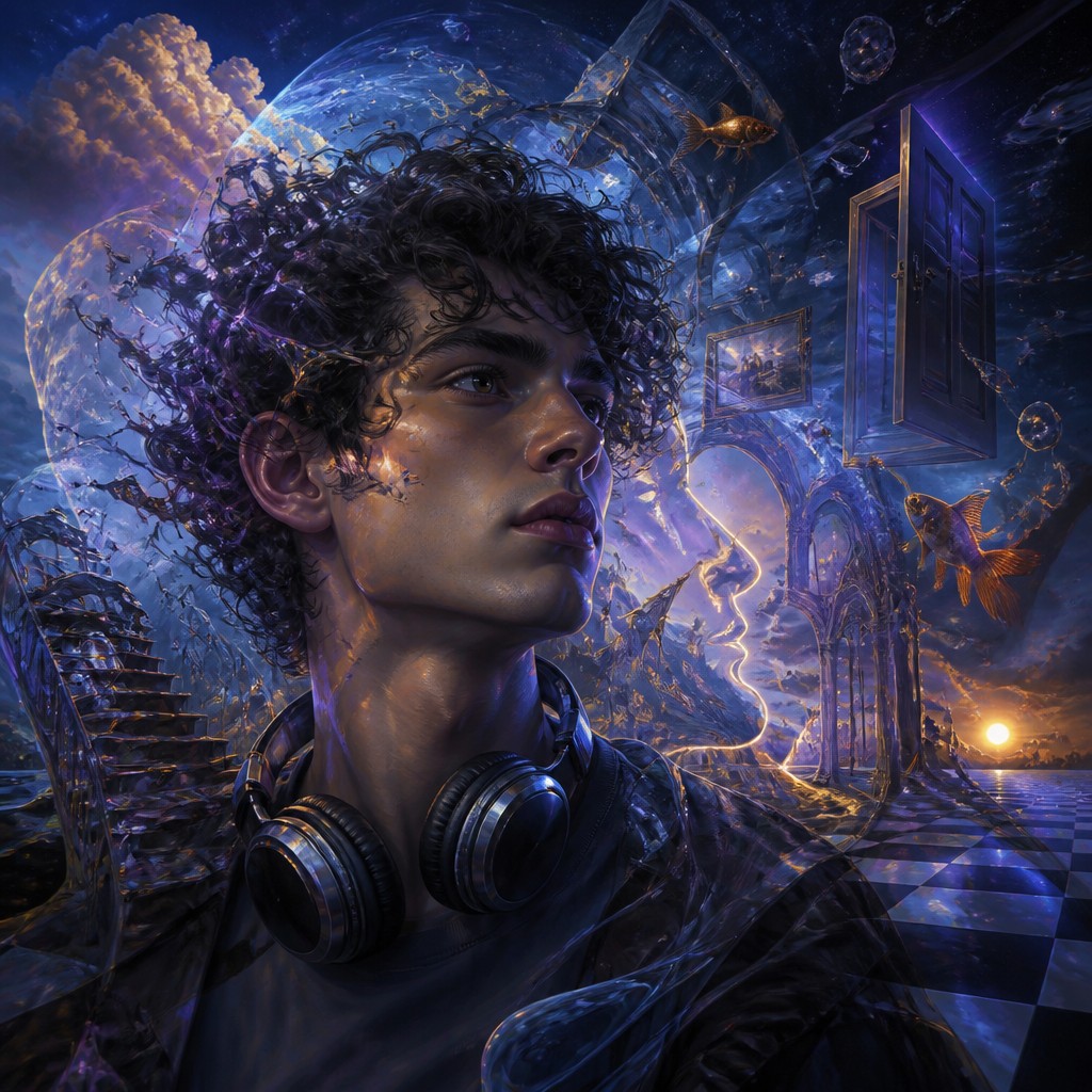 head-and-shoulders portrait of an original character: a young man with curly dark hair and headphones around his neck, plain backdrop, no text