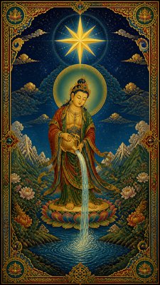a robed figure pouring water beneath a large eight-pointed star in a night sky, symmetrical composition with an ornate decorative border, no text