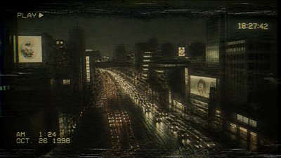 bustling city street panorama at dusk