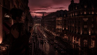 bustling city street panorama at dusk