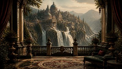a cliffside city with waterfalls cascading into a misty canyon, wide establishing shot, no people, no text