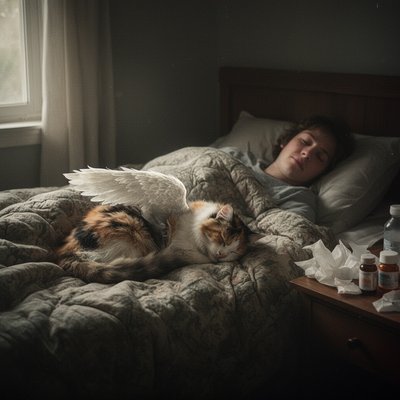 A candid, tender photograph of a person lying sick in a dimly lit, cozy bedroom, buried under a heavy quilt with only their pale face showing, eyes closed in sleep. Tissues and medicine bottles clutter a bedside table. Curled beside the person in bed is a fluffy calico cat that has a pair of feathered angel wings. The cat is asleep too. Soft, natural light streams from a window to the left. Film grain.
