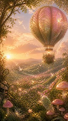 a hot air balloon drifting over rolling flower fields on a sunny day, cheerful, no text
