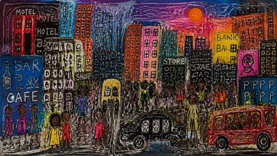 bustling city street panorama at dusk
