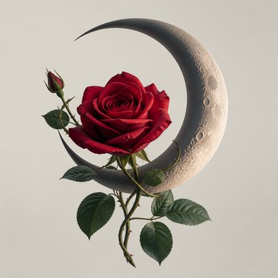 a rose entwined with a crescent moon, clean balanced composition on a plain background, no text