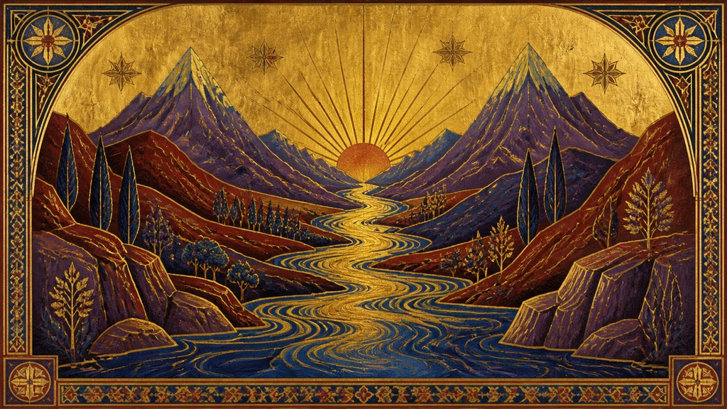 a vast valley with a river winding toward distant mountains at sunrise, no people, no text