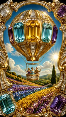 a hot air balloon drifting over rolling flower fields on a sunny day, cheerful, no text