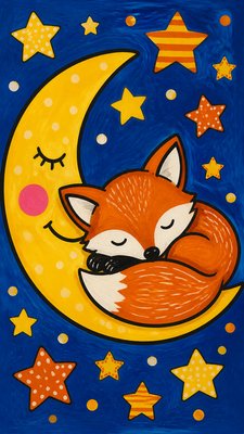 a sleeping baby fox curled on a crescent moon among soft stars, gentle and warm, no text