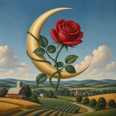 a rose entwined with a crescent moon, clean balanced composition on a plain background, no text