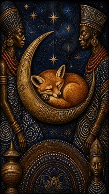 a sleeping baby fox curled on a crescent moon among soft stars, gentle and warm, no text