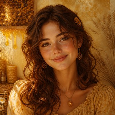 head-and-shoulders portrait of an original character: a young woman with wavy chestnut hair and a warm smile, plain soft backdrop