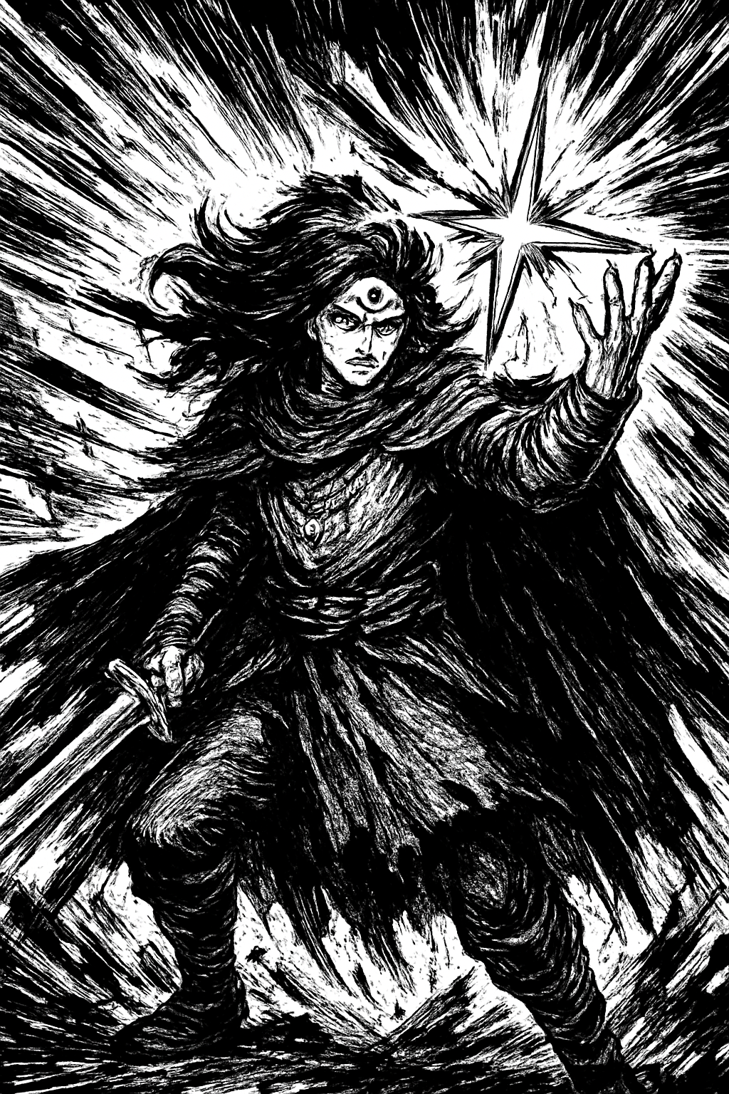 a black and white drawing of a wizard