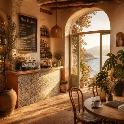 cozy cafe interior with warm lighting