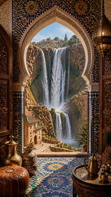 towering waterfall cascading down a cliff
